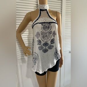 Free People White Crochet Halter Tank with Navy Print